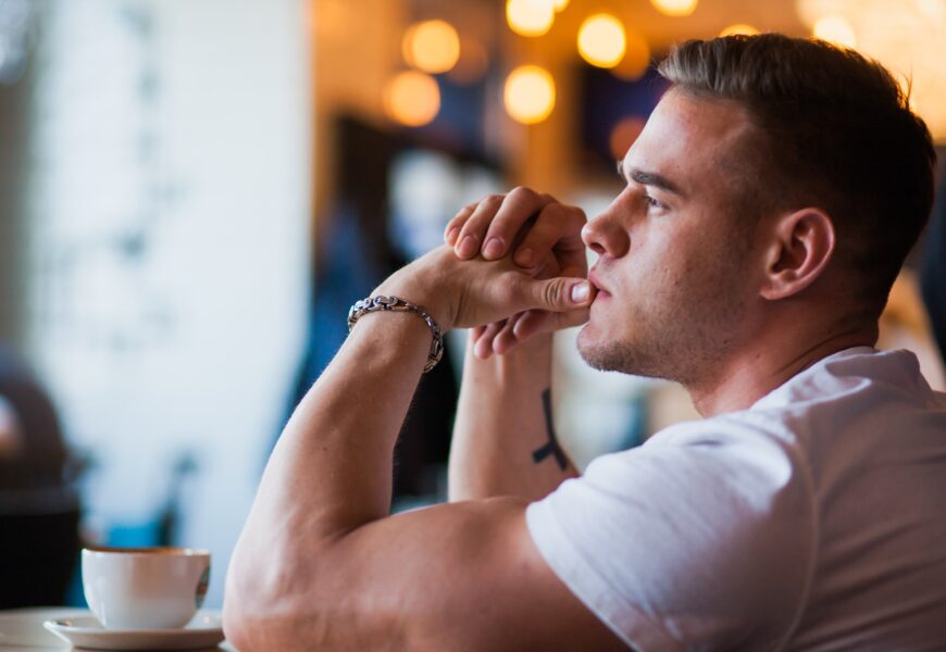 Thinking man in cafe